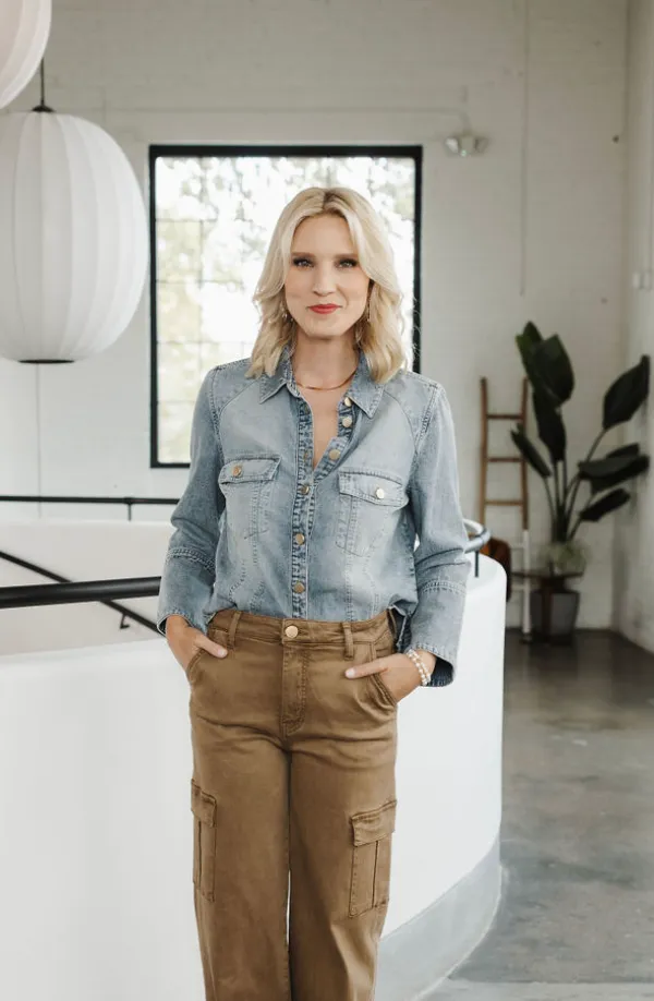 3/4 French Cuff Sleeve Button Down Denim Shirt - HQ