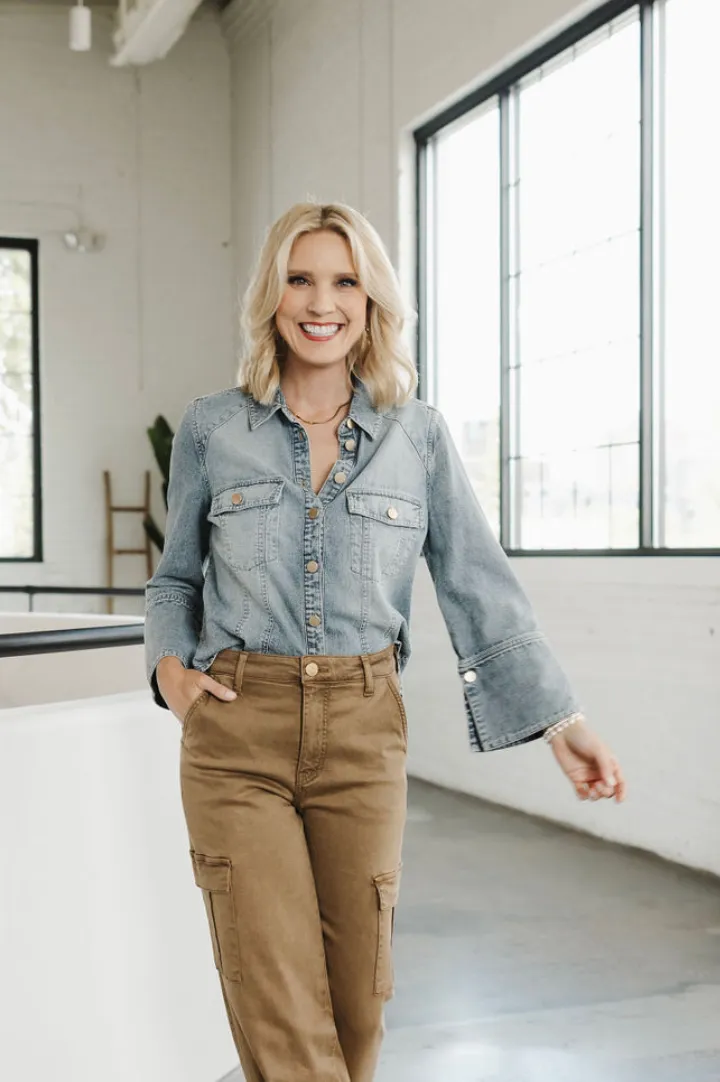 3/4 French Cuff Sleeve Button Down Denim Shirt - HQ