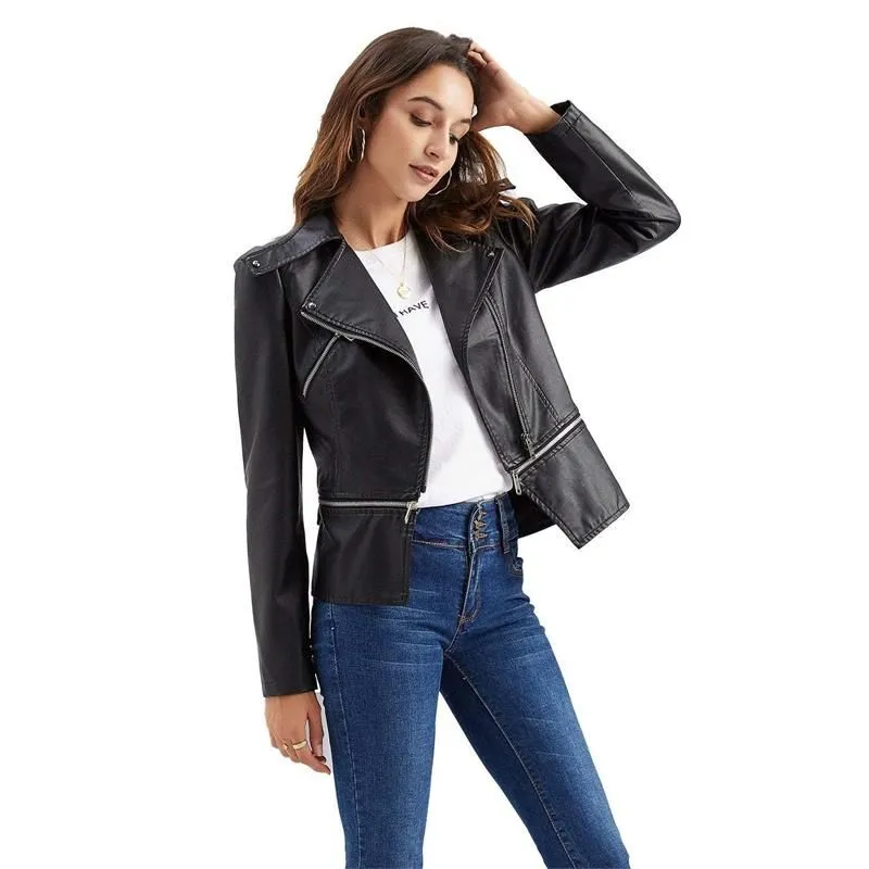 Ashore Shop Gothic Soft Leather Women Autumn Jacket Black Moto Jacket Zippers Long Sleeve Female PU Faux Bblack Leather Jacket Plus Size 4xl
