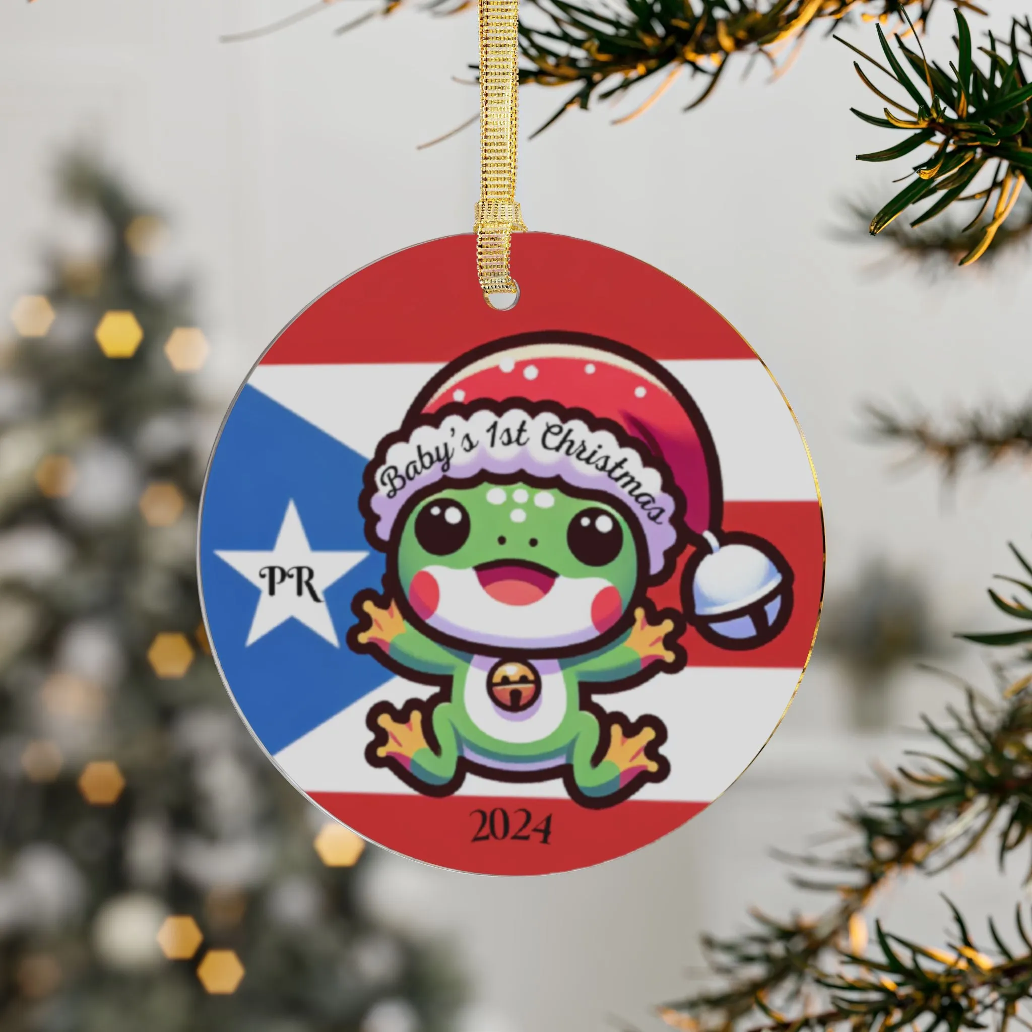 Baby's 1st Christmas Coqui Frog Puerto Rico Flag Acrylic Ornament 