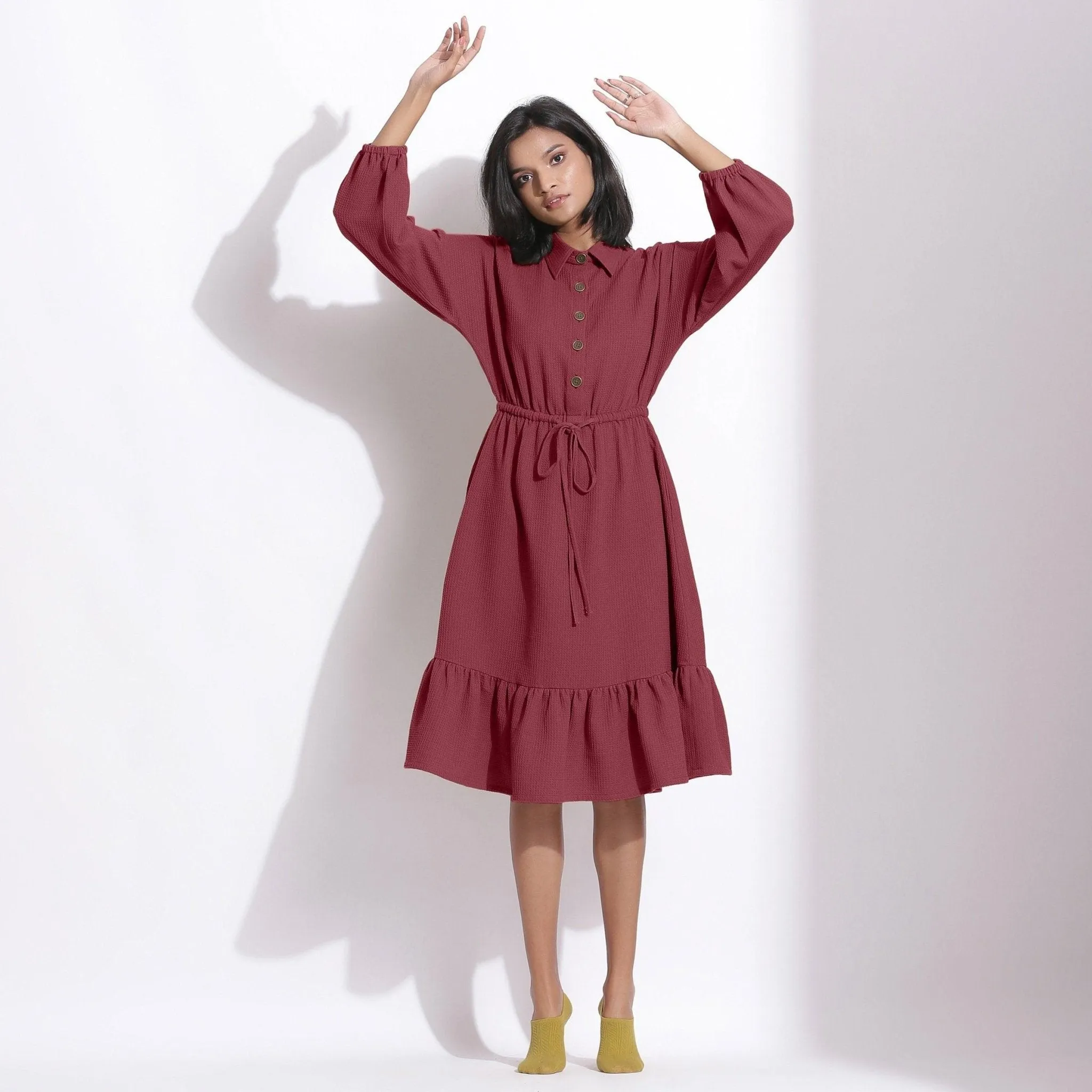 Barn Red Warm Cotton Waffle Knee Length Gathered Dress