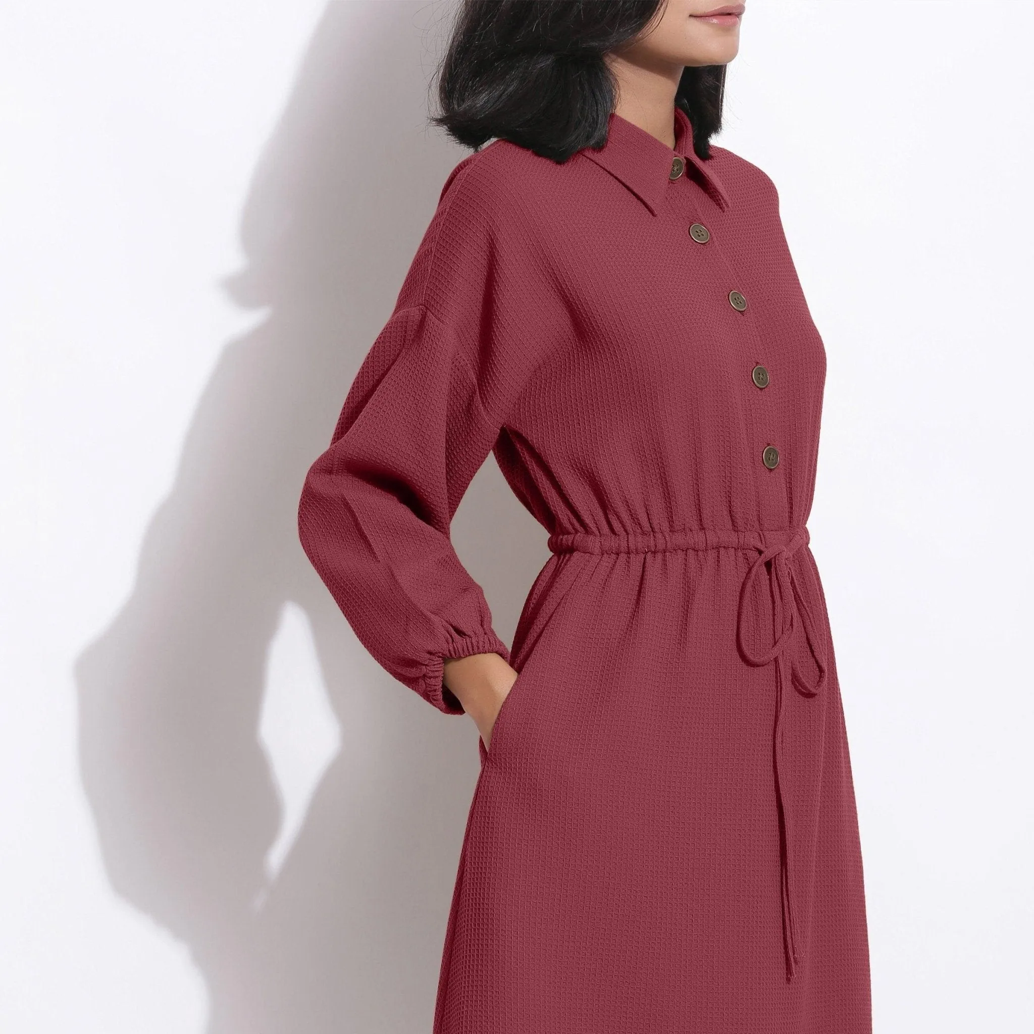 Barn Red Warm Cotton Waffle Knee Length Gathered Dress