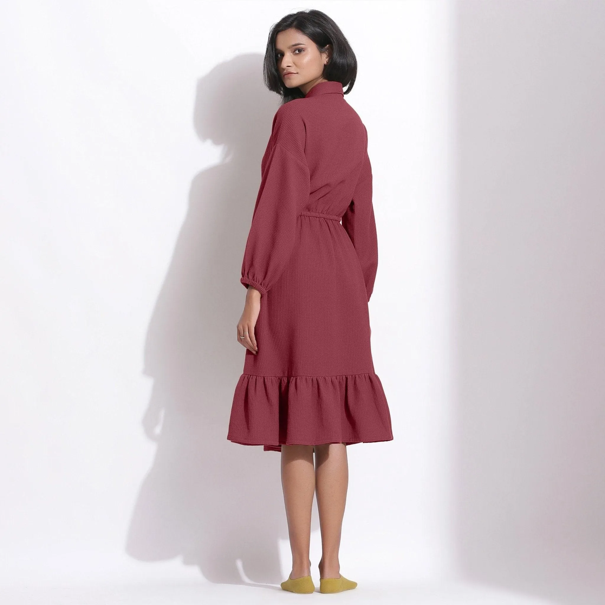 Barn Red Warm Cotton Waffle Knee Length Gathered Dress