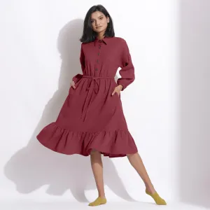 Barn Red Warm Cotton Waffle Knee Length Gathered Dress