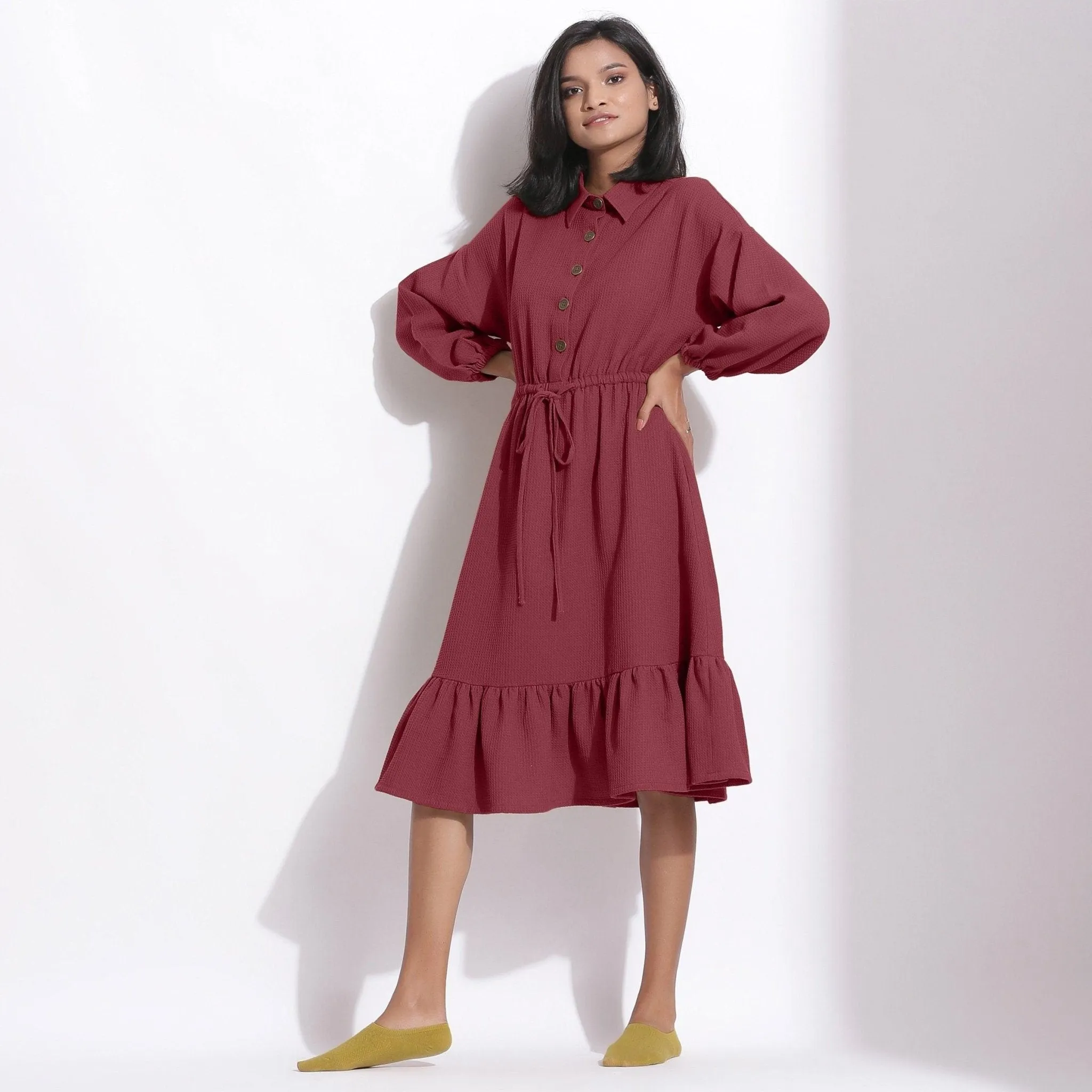 Barn Red Warm Cotton Waffle Knee Length Gathered Dress