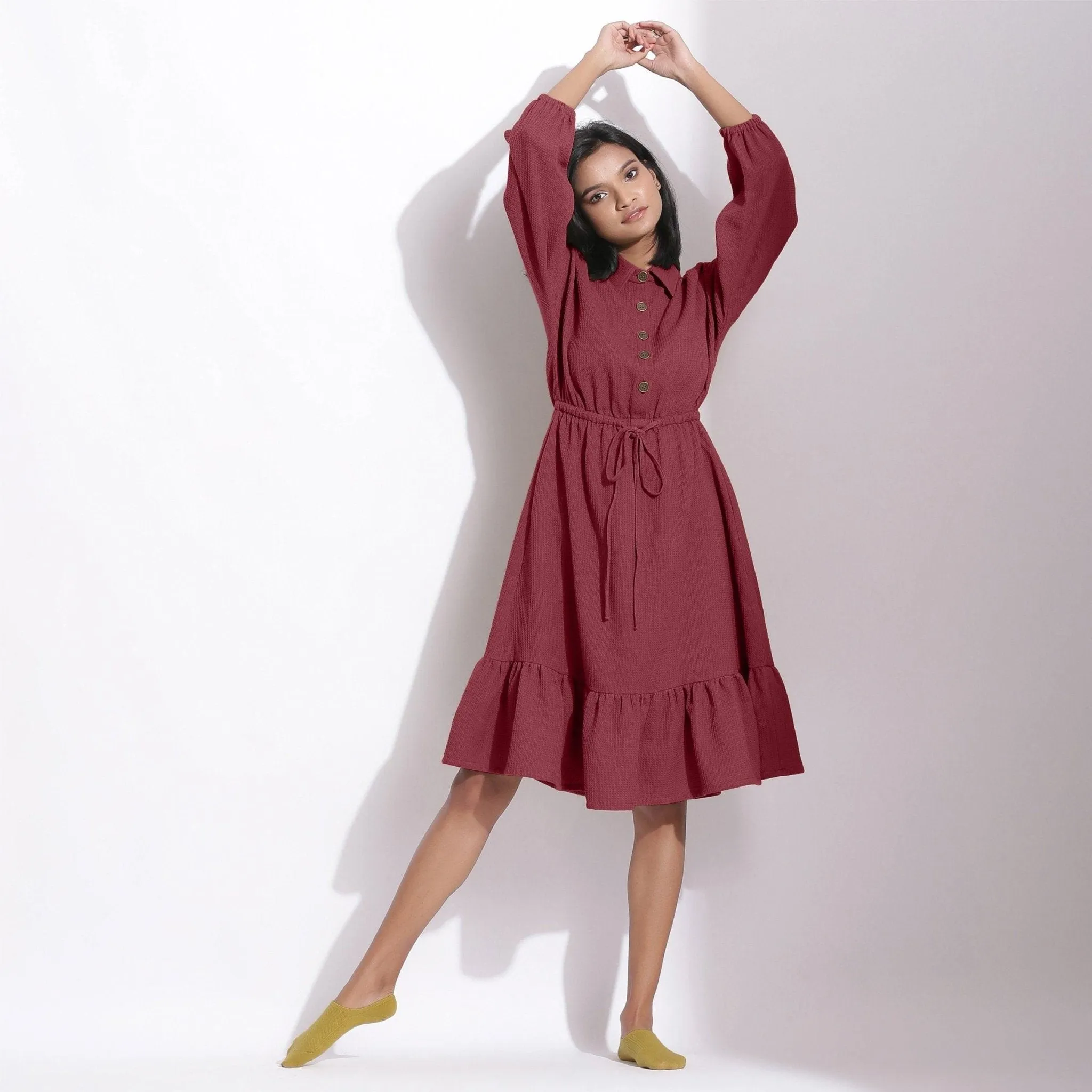 Barn Red Warm Cotton Waffle Knee Length Gathered Dress