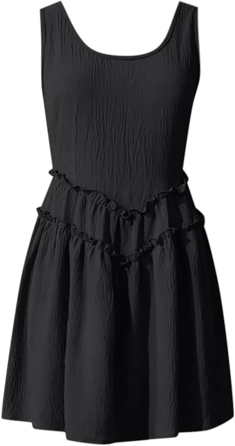 Beach Dresses for Women,Summer U Neck Short Dress Ruffle Tiered Layered Tank Sun Dress Flowy Mini Dress with Pockets