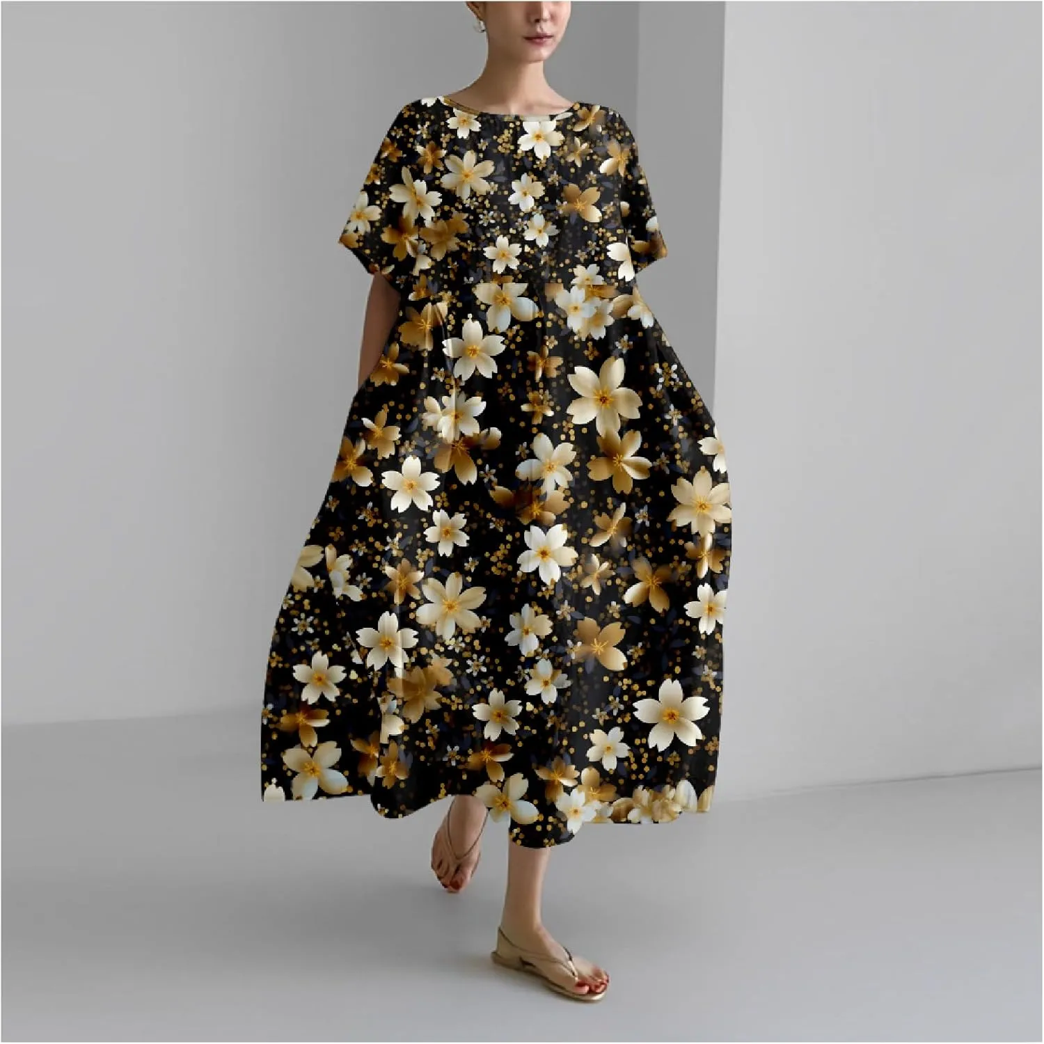 Bengbobar Boho Dresses for Women Flroal Maxi Dress Flowy Crew Neck Beach Art Dress Crewneck Linen Casua Summer Dresses