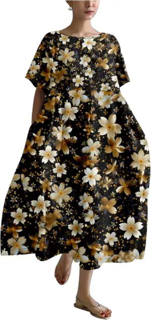 Bengbobar Boho Dresses for Women Flroal Maxi Dress Flowy Crew Neck Beach Art Dress Crewneck Linen Casua Summer Dresses