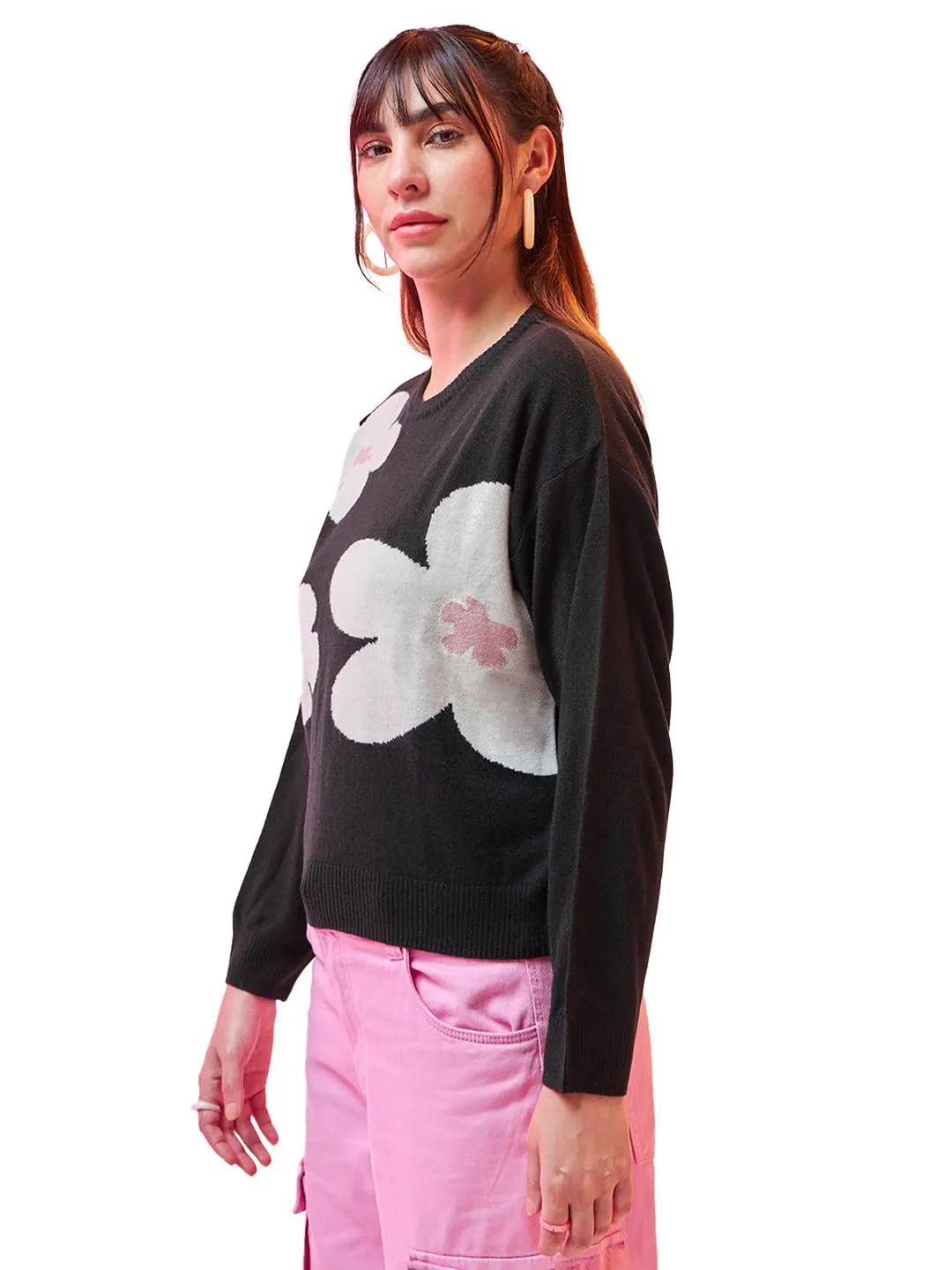 Bewakoof Women's Graphic Printed Oversized Sweater Black