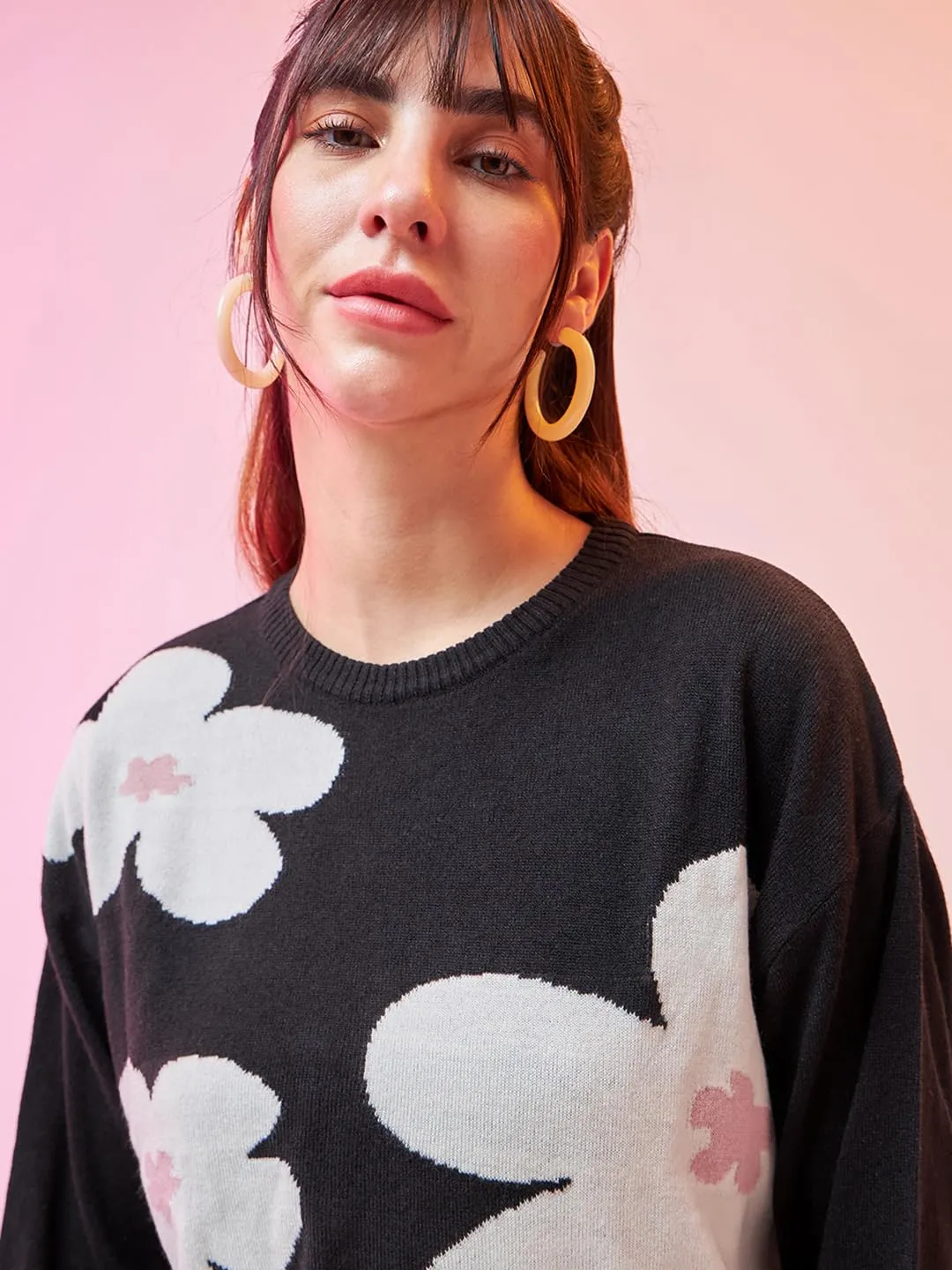 Bewakoof Women's Graphic Printed Oversized Sweater Black