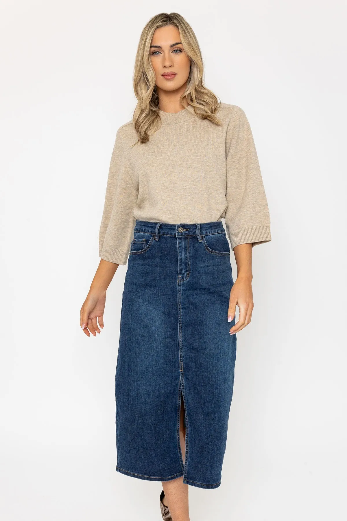 Blue Denim Midi Skirt with Front Split