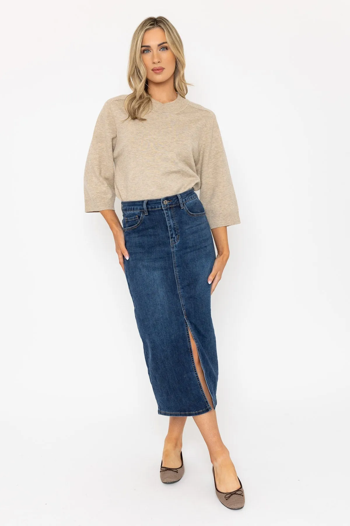 Blue Denim Midi Skirt with Front Split