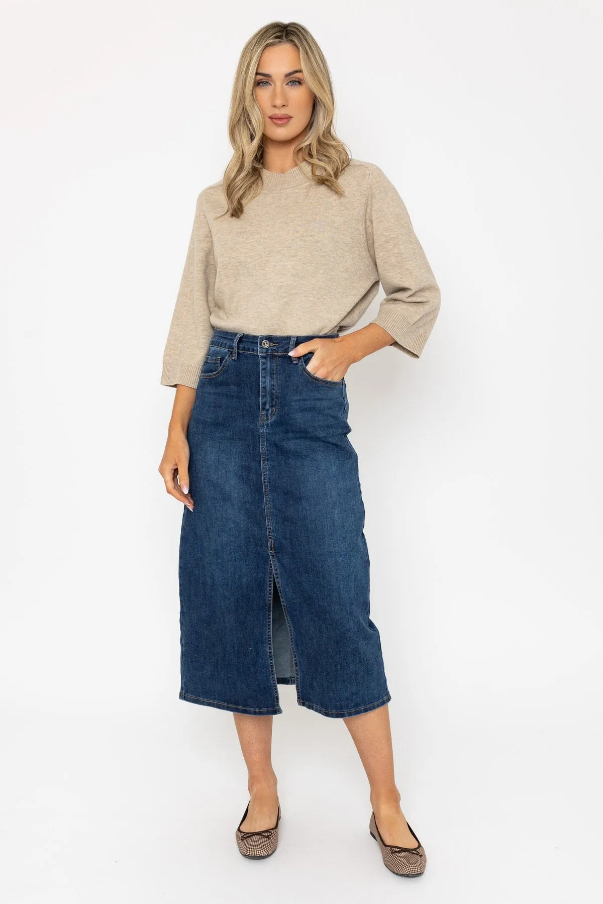 Blue Denim Midi Skirt with Front Split