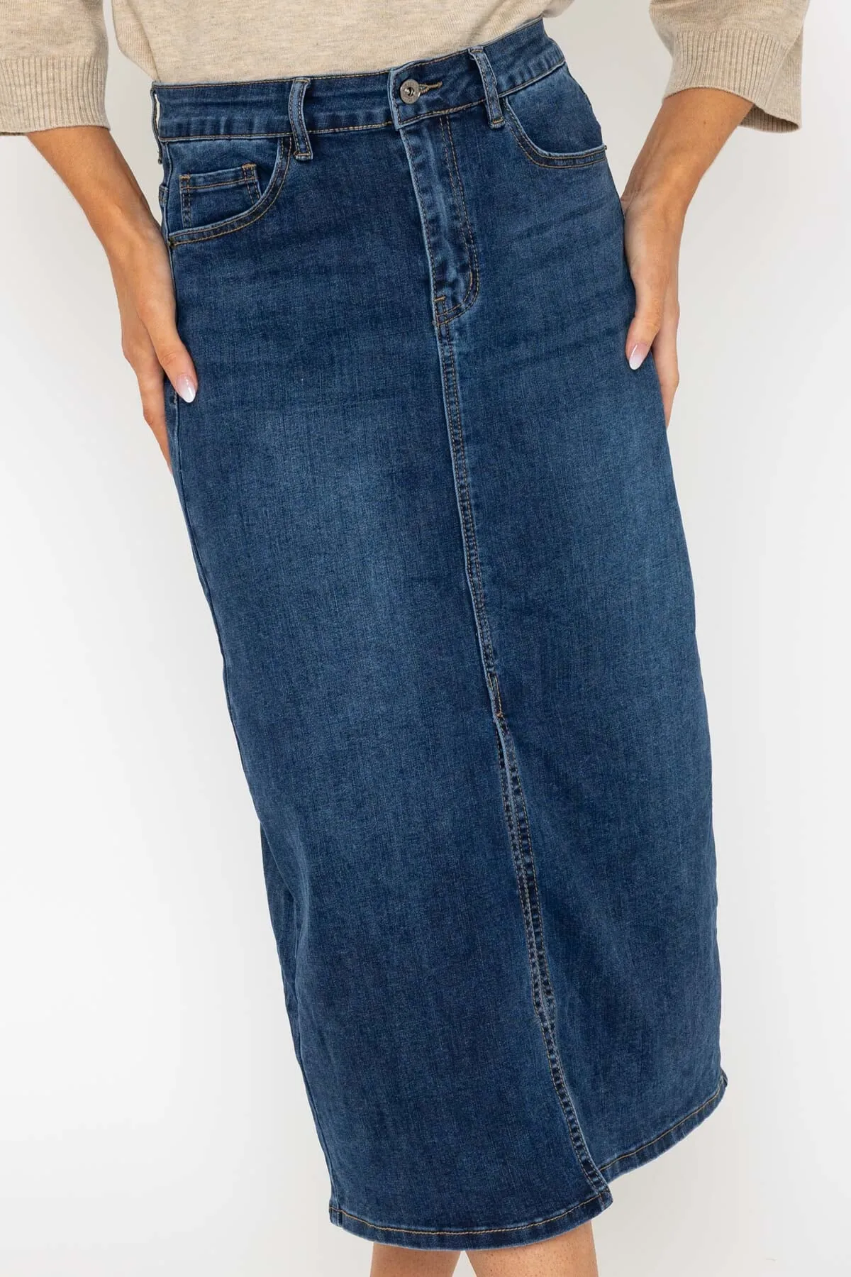 Blue Denim Midi Skirt with Front Split
