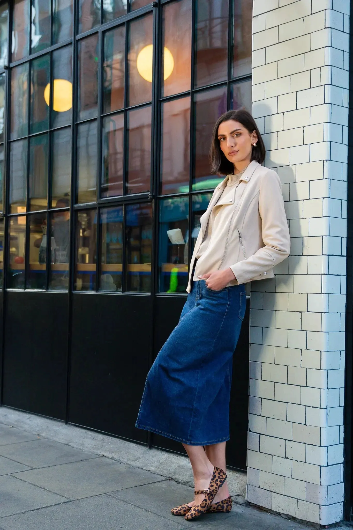 Blue Denim Midi Skirt with Front Split