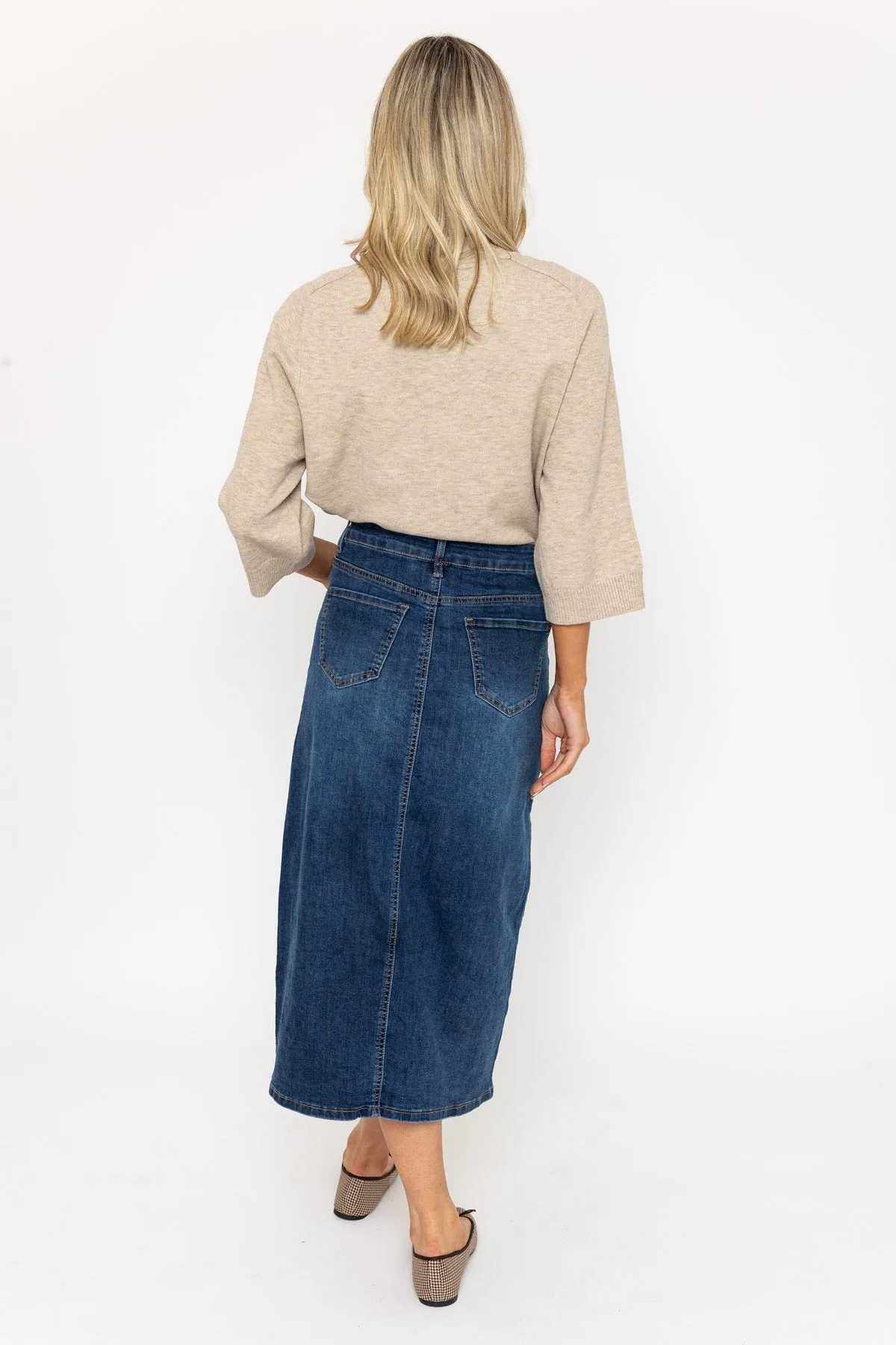 Blue Denim Midi Skirt with Front Split