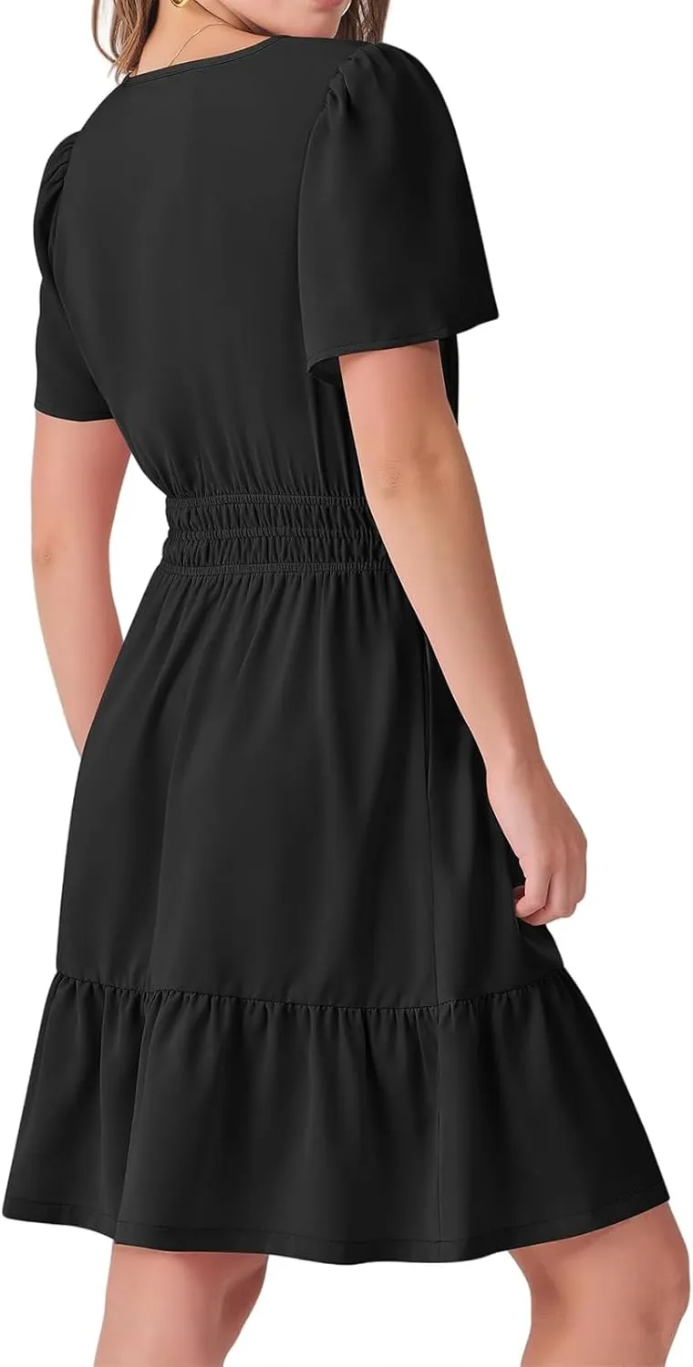 Boho Dresses for Women Summer Casual Short Sleeve V Neck A Line Mini Dress Smocked Tiered Beach Sundress