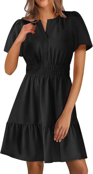 Boho Dresses for Women Summer Casual Short Sleeve V Neck A Line Mini Dress Smocked Tiered Beach Sundress