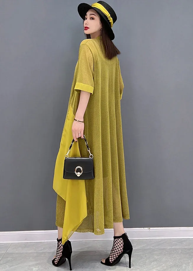 Casual Yellow Asymmetrical Design Patchwork Loose Long Cardigans Summer