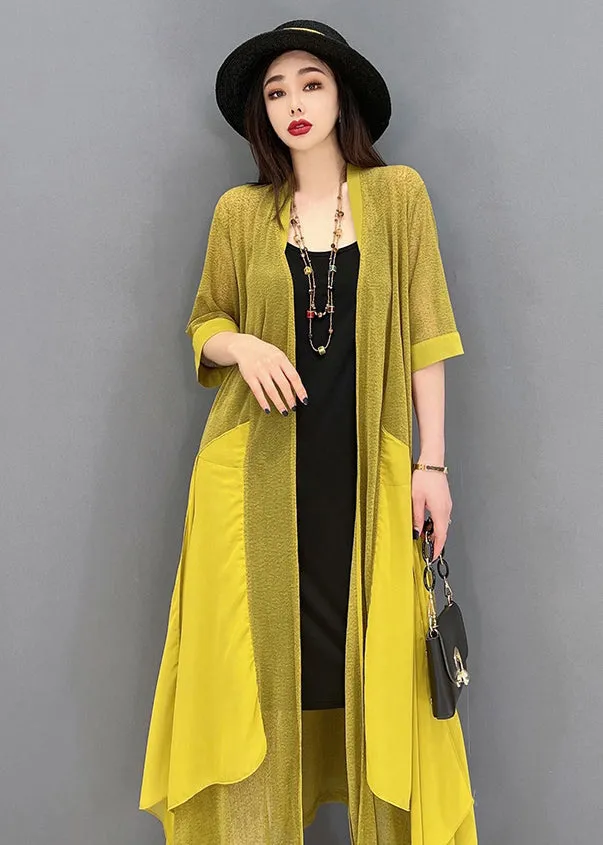 Casual Yellow Asymmetrical Design Patchwork Loose Long Cardigans Summer