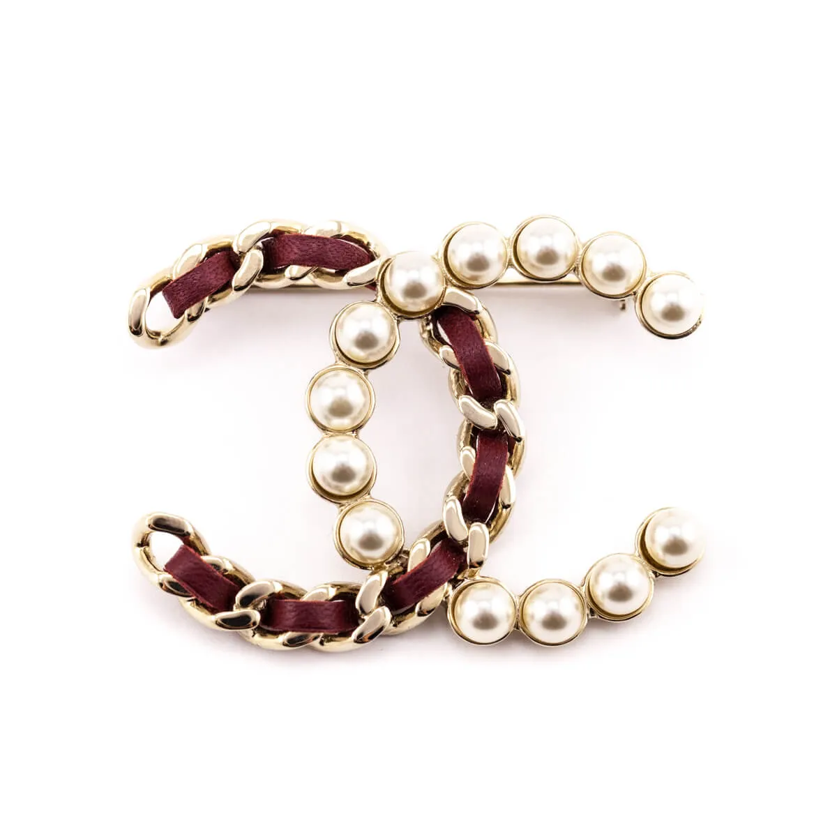 Chanel Faux Pearl & Burgundy Leather CC Brooch