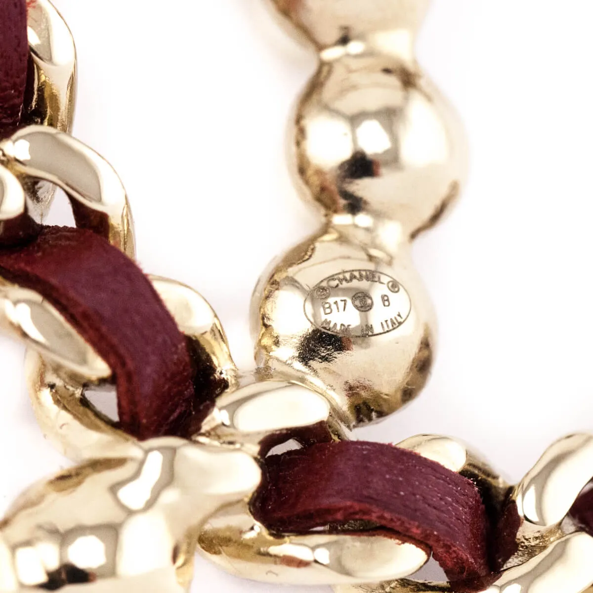 Chanel Faux Pearl & Burgundy Leather CC Brooch