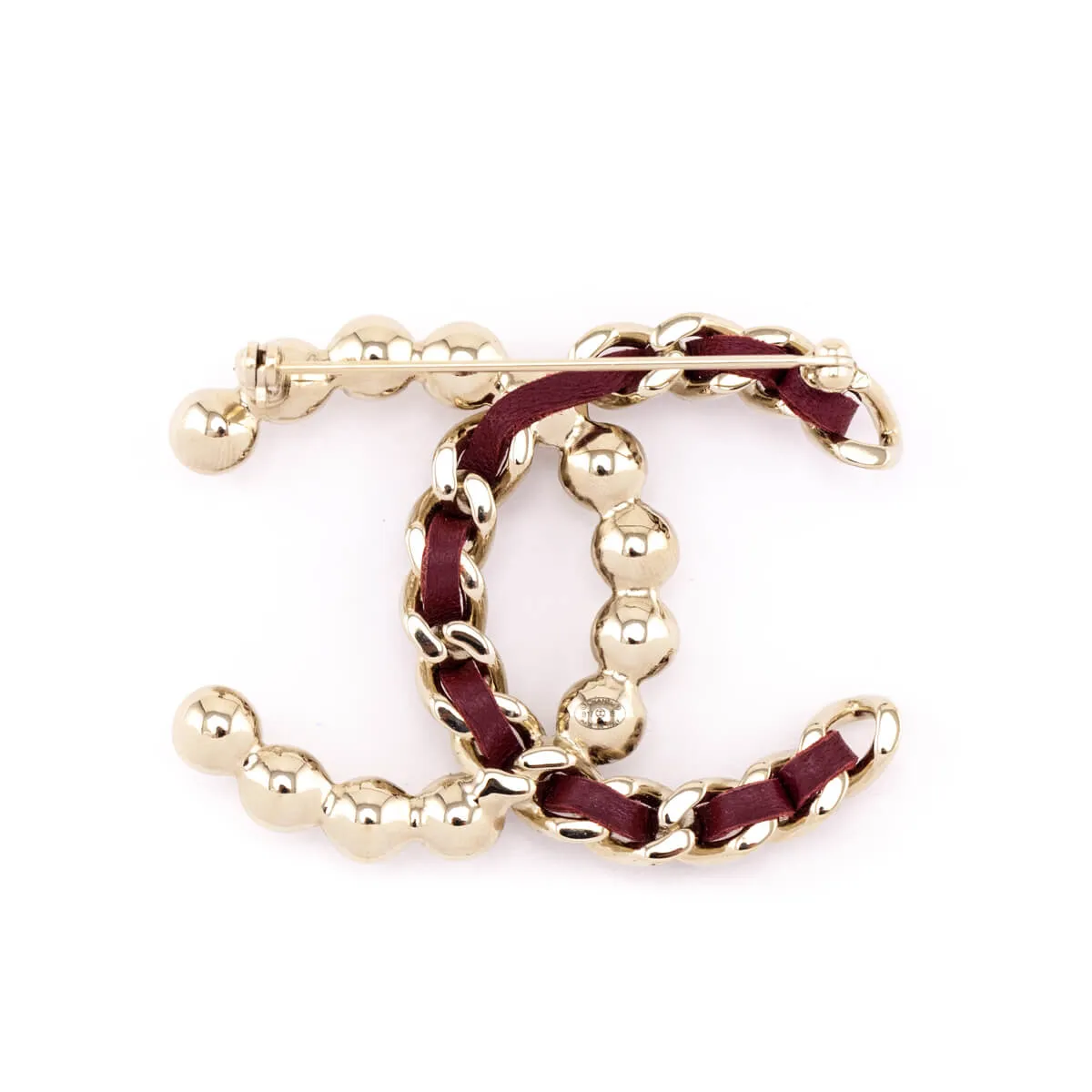 Chanel Faux Pearl & Burgundy Leather CC Brooch