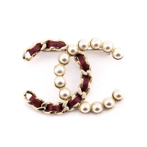 Chanel Faux Pearl & Burgundy Leather CC Brooch