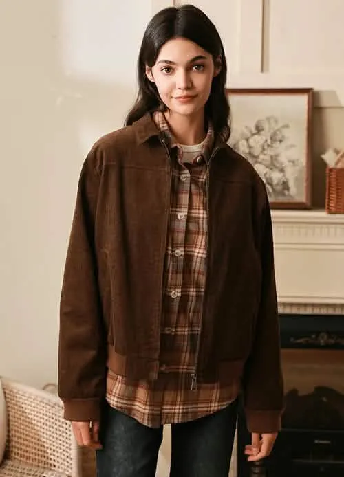 Chic Retro Women's Corduroy Jacket with Floral Lining