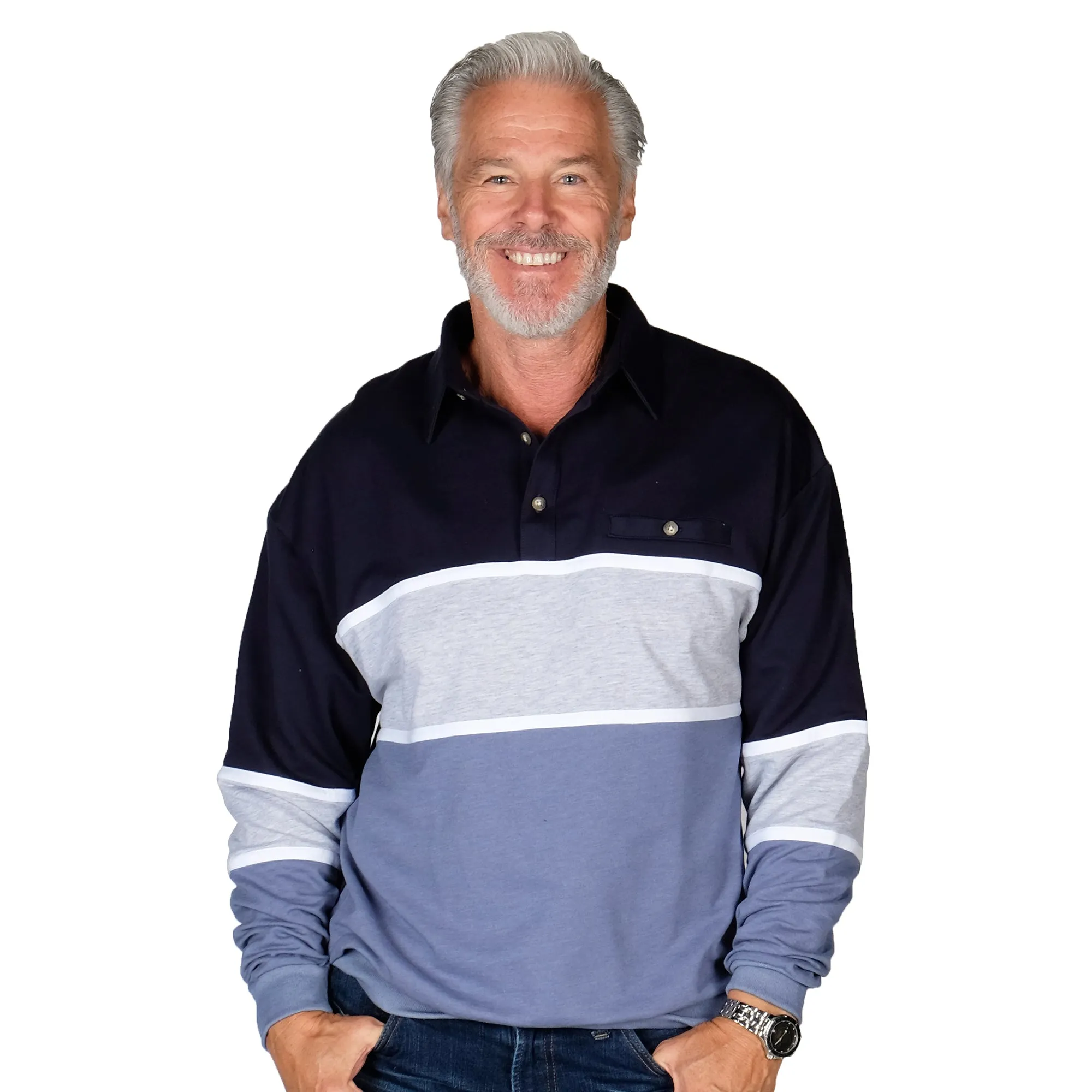 Classics by Palmland Horizontal Stripes Banded Bottom Shirt 6094-728 Navy - Big and Tall