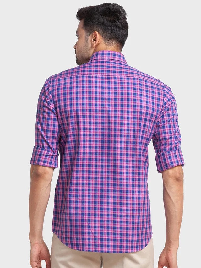 Colorplus Men Blue Checkered Tailored Fit Cotton Casual Shirt