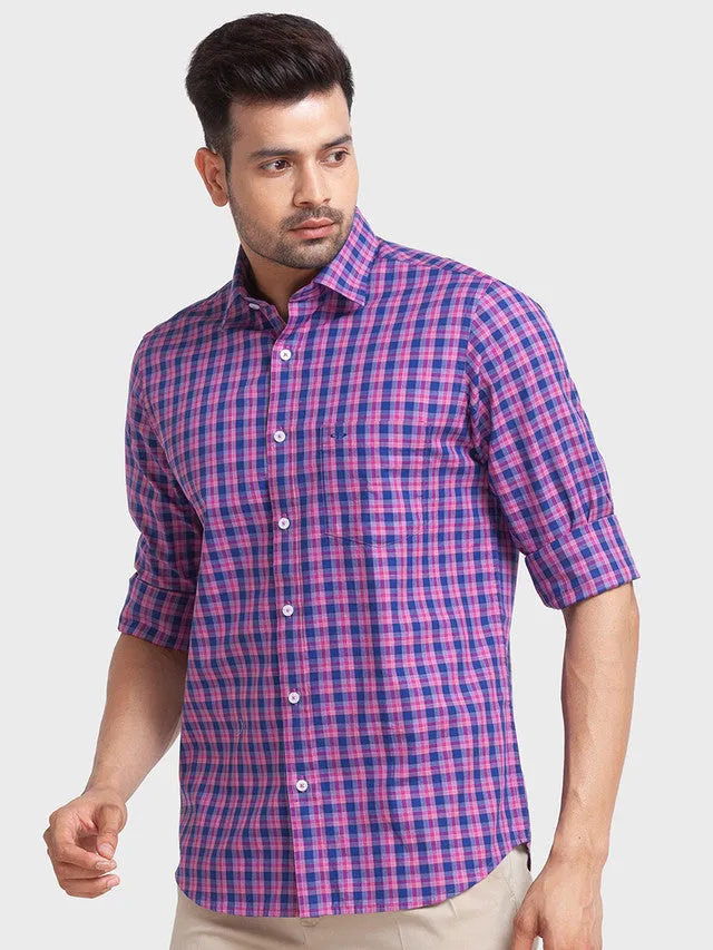 Colorplus Men Blue Checkered Tailored Fit Cotton Casual Shirt