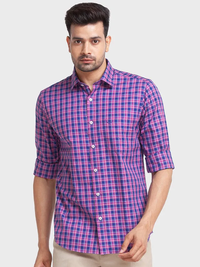 Colorplus Men Blue Checkered Tailored Fit Cotton Casual Shirt