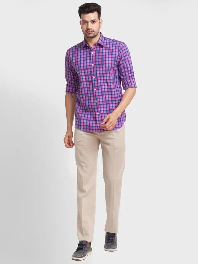 Colorplus Men Blue Checkered Tailored Fit Cotton Casual Shirt