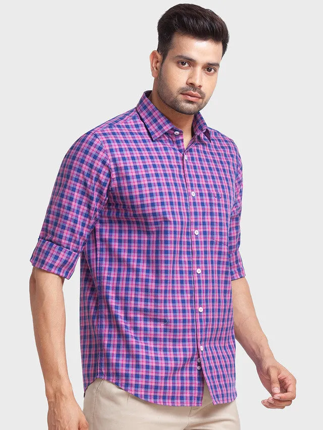 Colorplus Men Blue Checkered Tailored Fit Cotton Casual Shirt