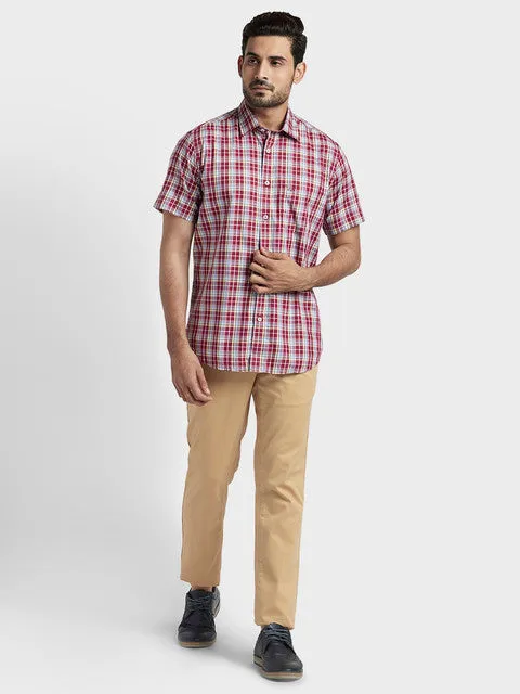 ColorPlus Men Maroon Tailored Fit Checks Half Sleeve Shirt