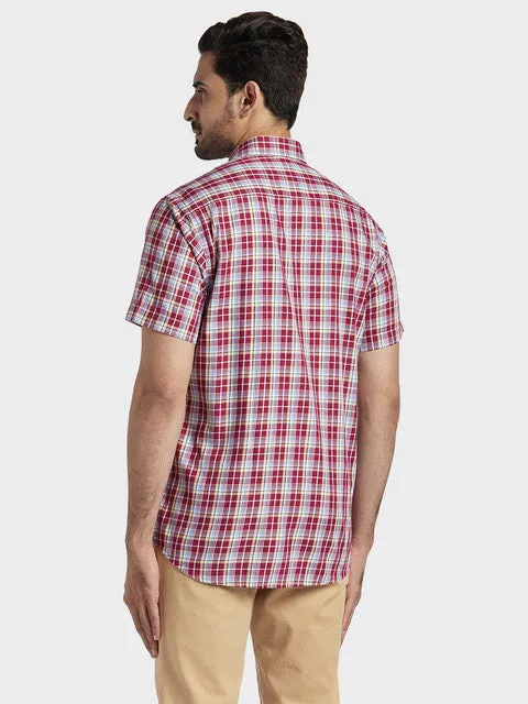 ColorPlus Men Maroon Tailored Fit Checks Half Sleeve Shirt