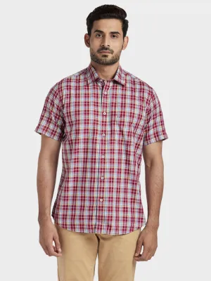ColorPlus Men Maroon Tailored Fit Checks Half Sleeve Shirt