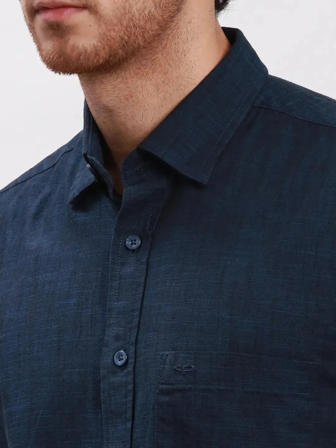 Colorplus Men Navy Tailored Fit Solid Cotton Casual Shirt