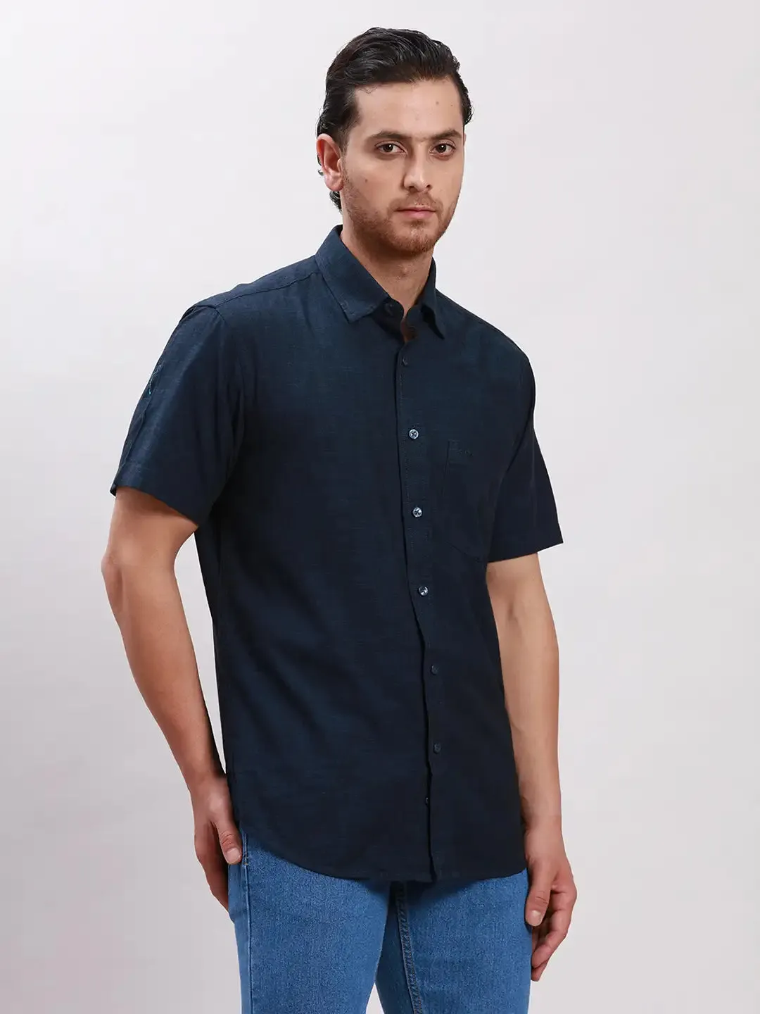 Colorplus Men Navy Tailored Fit Solid Cotton Casual Shirt
