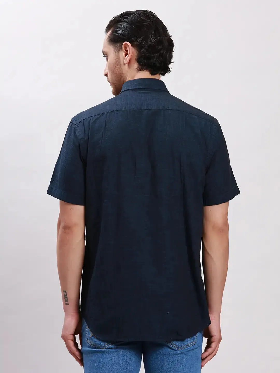 Colorplus Men Navy Tailored Fit Solid Cotton Casual Shirt