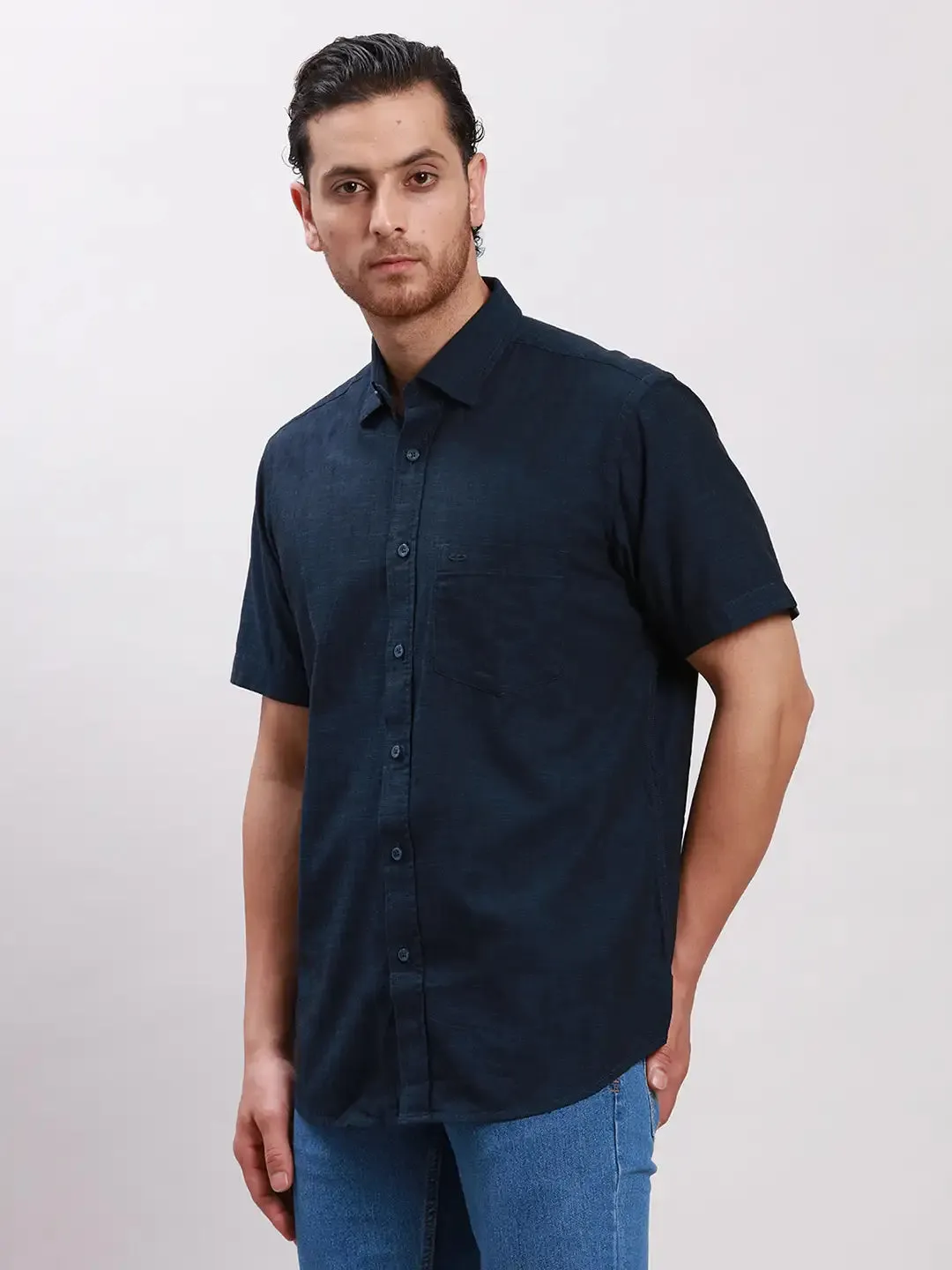 Colorplus Men Navy Tailored Fit Solid Cotton Casual Shirt