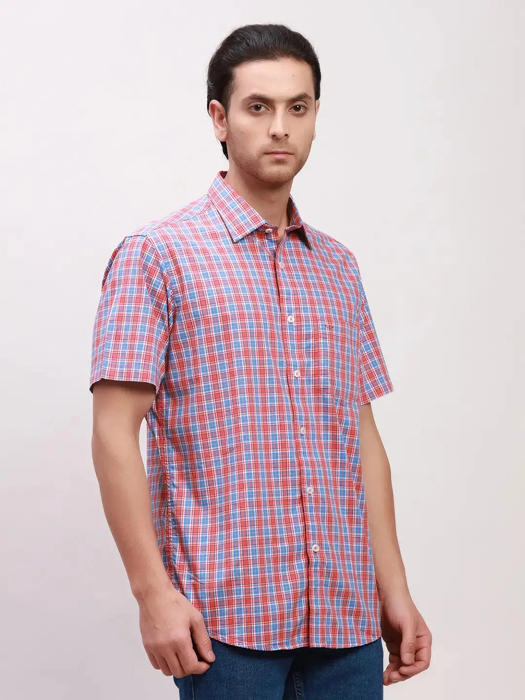 Colorplus Men Red Checks Tailored Fit Cotton Half Sleeve Shirts