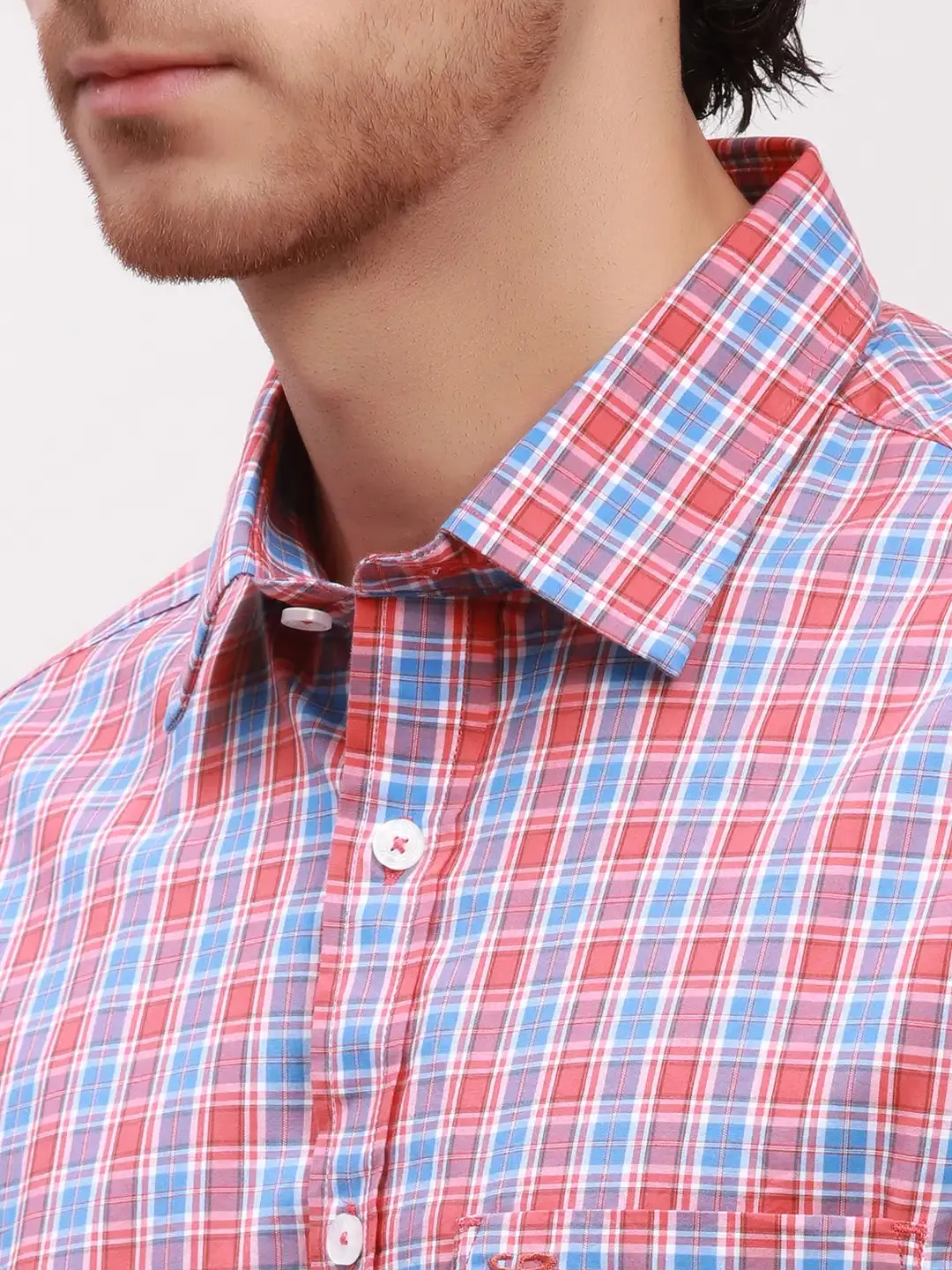 Colorplus Men Red Checks Tailored Fit Cotton Half Sleeve Shirts