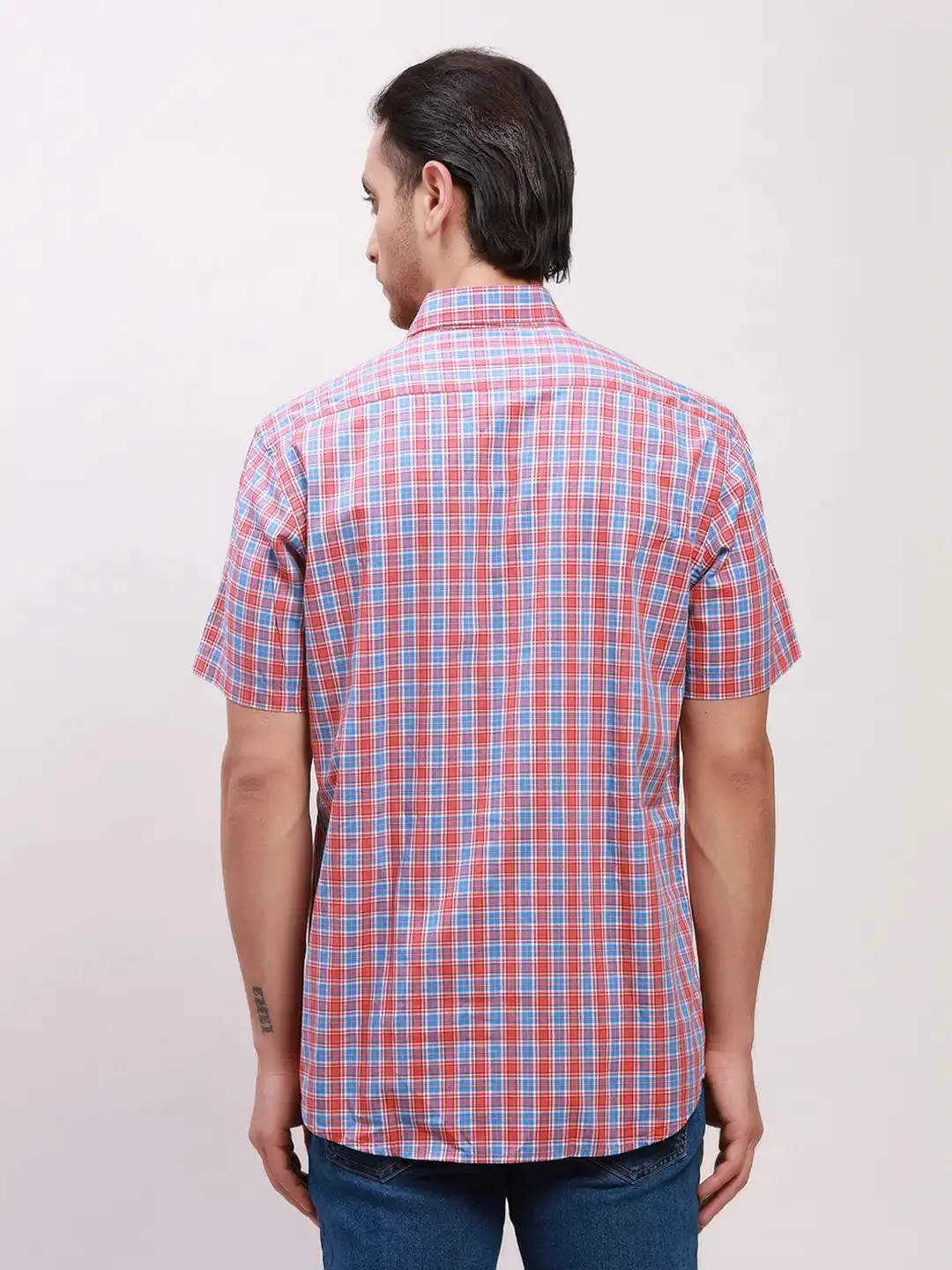 Colorplus Men Red Checks Tailored Fit Cotton Half Sleeve Shirts