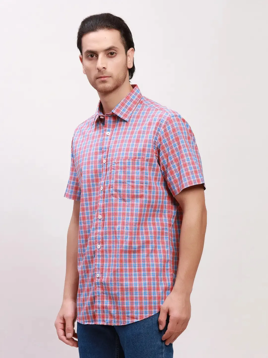 Colorplus Men Red Checks Tailored Fit Cotton Half Sleeve Shirts