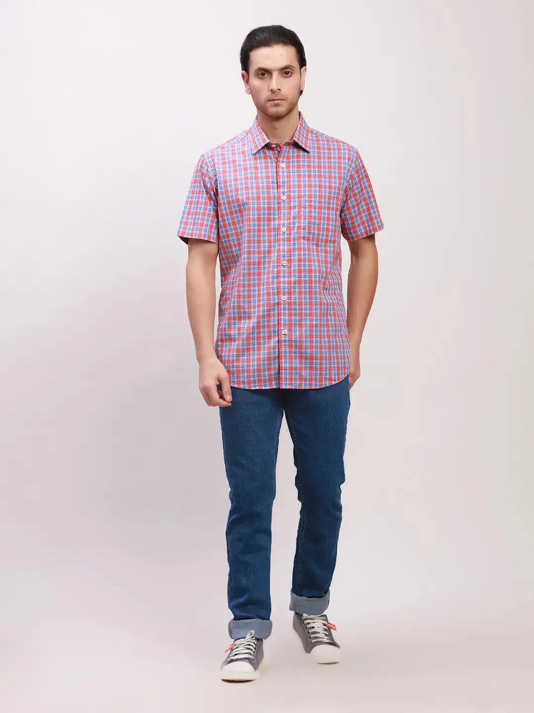Colorplus Men Red Checks Tailored Fit Cotton Half Sleeve Shirts
