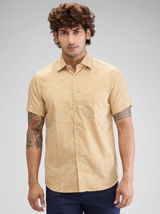 Colorplus Yellow Printed Tailored Fit Cotton Casual Shirt