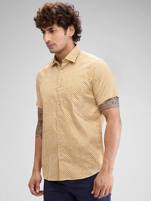 Colorplus Yellow Printed Tailored Fit Cotton Casual Shirt